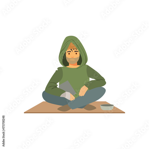 Young homeless man character sitting on the street with cup for money, unemployment male beggar needing help vector illustration