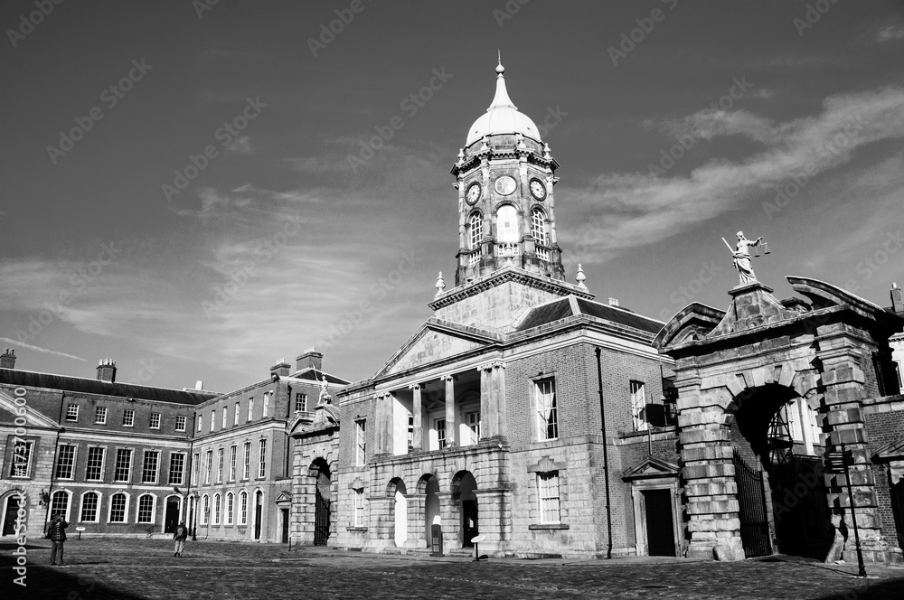 Dublin castle hall in the evening in Ireland. Black and white