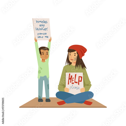 Homeless woman and boy begging in street asking for help, unemployment man needing help vector illustration