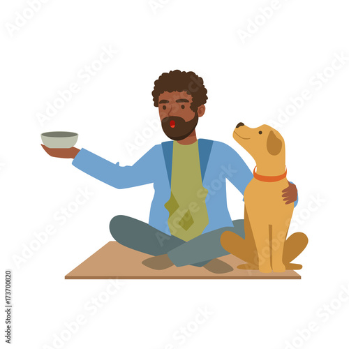 Young black homeless man character sitting on the street with his dog and cup for money, unemployment male beggar needing help vector illustration