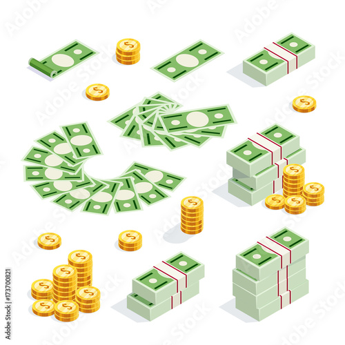 Set of isometric money isolated on white background.