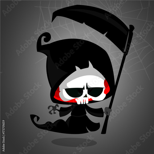 Grim reaper cartoon character with scythe isolated on a white background. Cute death character in black hood
