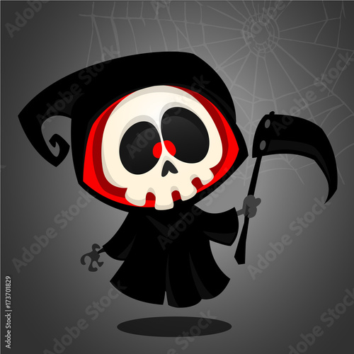 Grim reaper cartoon character with scythe isolated on a white background. Cute death character in black hood