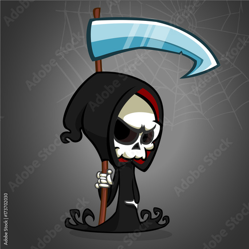 Cute cartoon grim reaper with scythe isolated on white. Vector illustration