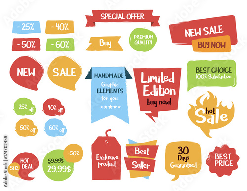 Fun sale tags and labels. Vector hand drawn graphic elements editable in eps10