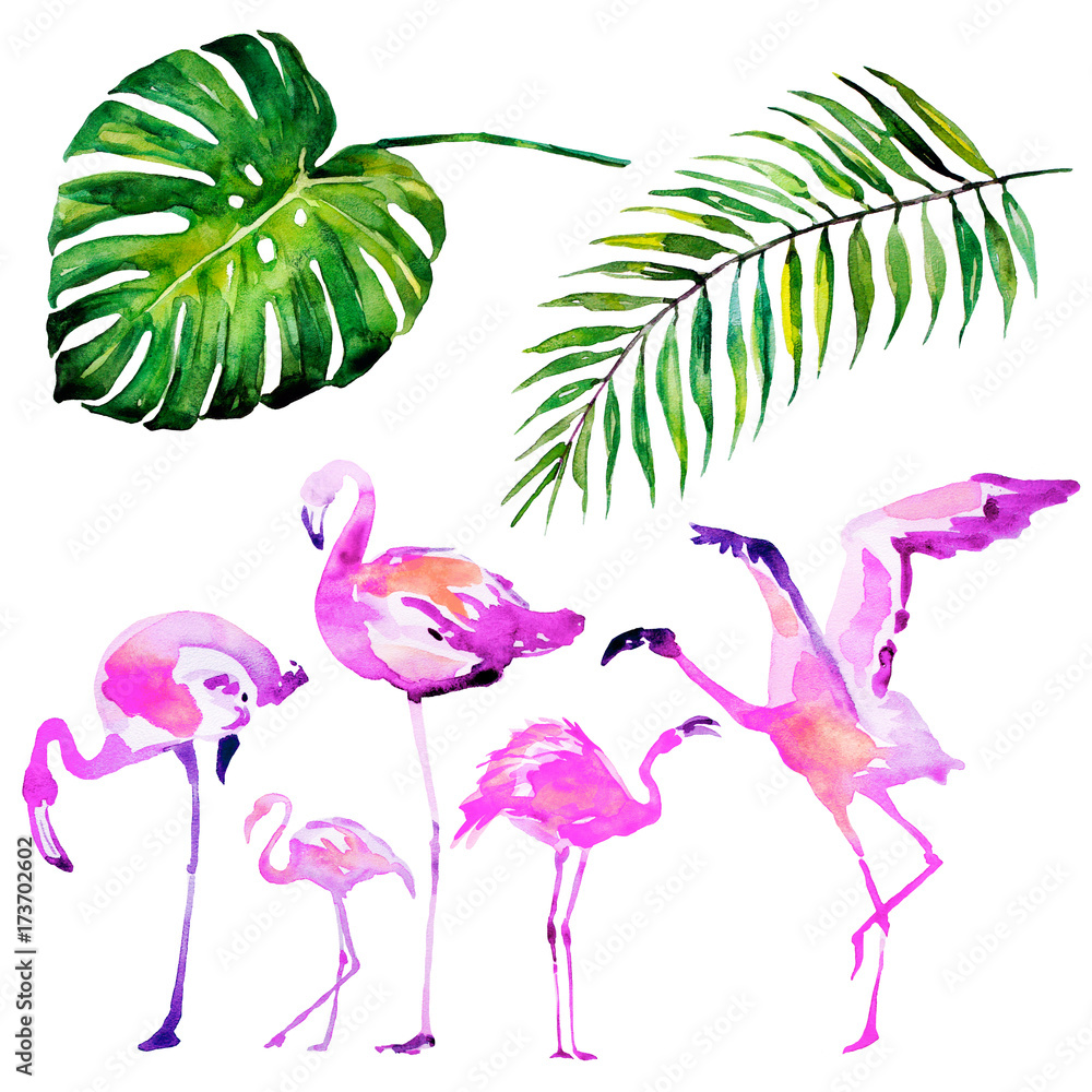 Obraz premium beautiful tropical palm leaves and flamingo, watercolor