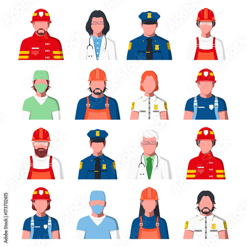 Working People Avatars. Portraits of Public Services Staff - Ambulance, Fire Guard and Police. Icons of Policeman, Fireman, Doctor, Rescuer and Engineer in Flat Style. Men and Women.