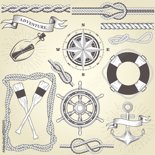 Vintage seafaring elements - steering wheel, oars, rope frame and knots