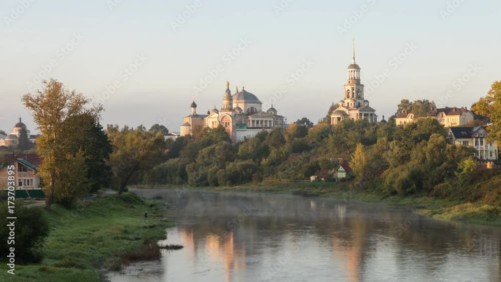 Boris and Gleb Novotorzhsky Monastery reflecting in Tvertsa river in Torzhok, Tver oblast, Russia
