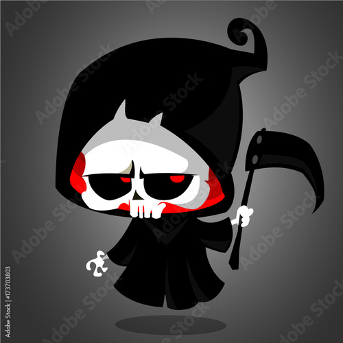 Cute cartoon grim reaper with scythe isolated on white. Vector illustration