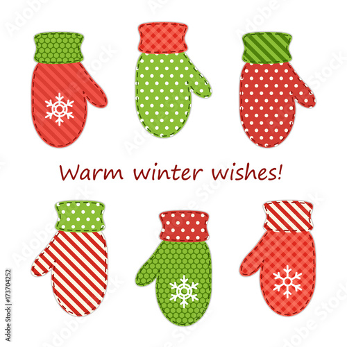 Cute fabric retro mittens as Christmas decorations in shabby chic style