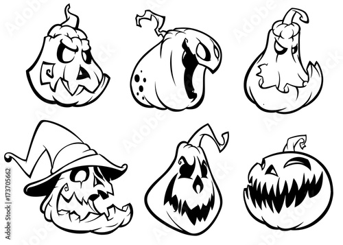 Halloween Pumpkins curved with jack o lantern face.  Vector cartoon illustration. Strokes and outlines