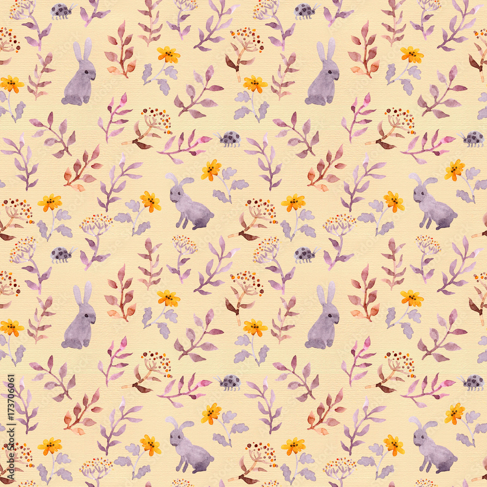 Seamless floral style swatch with cute flowers, leaves and aquarel rabbits Seamless floral style swatch with cute flowers, leaves and aquarel rabbits