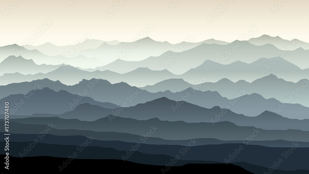 Horizontal illustration of morning misty mountain landscape.