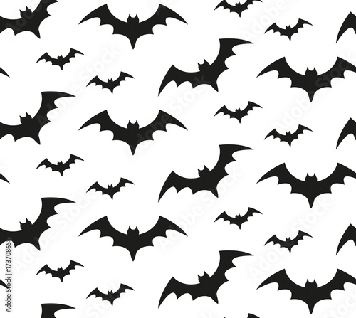 Bat silhouette seamless pattern. Halloween repeating texture. Scary endless background with flittermouse. Vector illustration