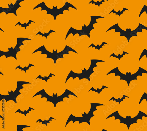 Bat silhouette seamless pattern. Halloween repeating texture. Scary endless background with flittermouse. Vector illustration