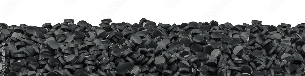 Fototapeta premium Hockey pucks panorama / 3D illustration of panoramic view of hundreds of ice hockey pucks