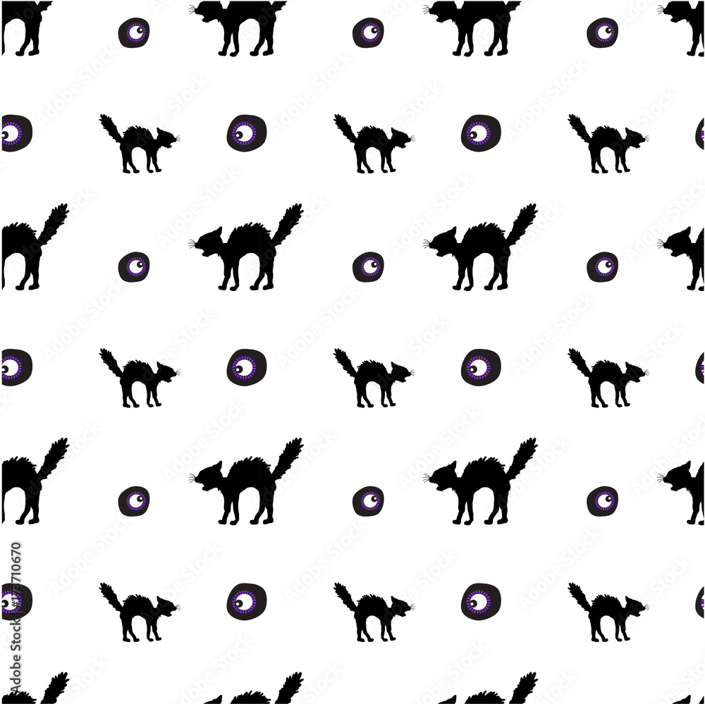 Halloween pattern background cat, eye, hand drawn scrapbook paper, gift wrap paper, for Halloween holiday vector items vector items simple style, purple, black silhouettes, isolated on white.