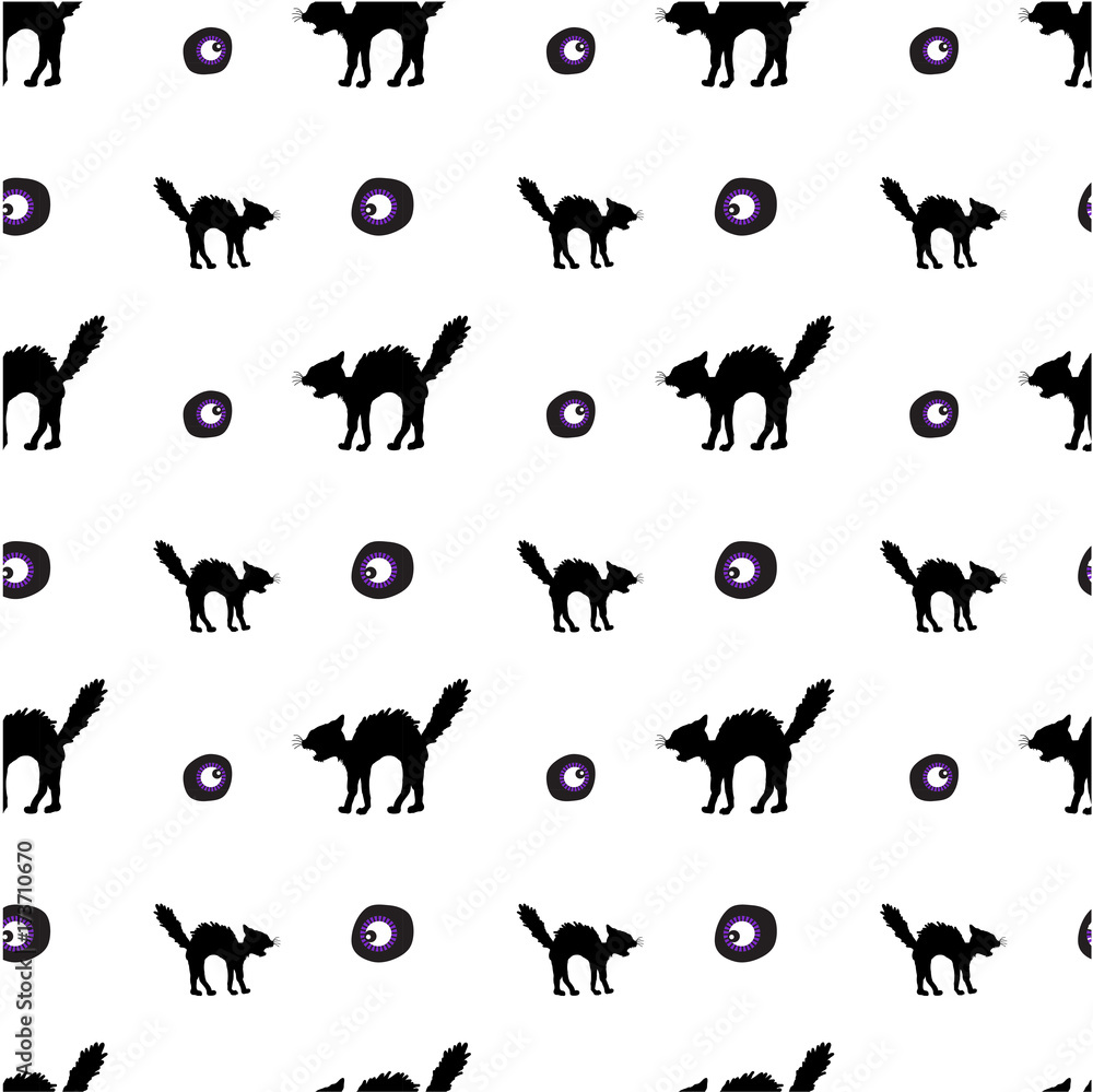 Halloween pattern background cat, eye, hand drawn scrapbook paper, gift wrap paper, for Halloween holiday vector items vector items simple style, purple, black silhouettes, isolated on white. Halloween pattern background cat, eye, hand drawn scrapbook paper, gift wrap paper, for Halloween holiday vector items vector items simple style, purple, black silhouettes, isolated on white.