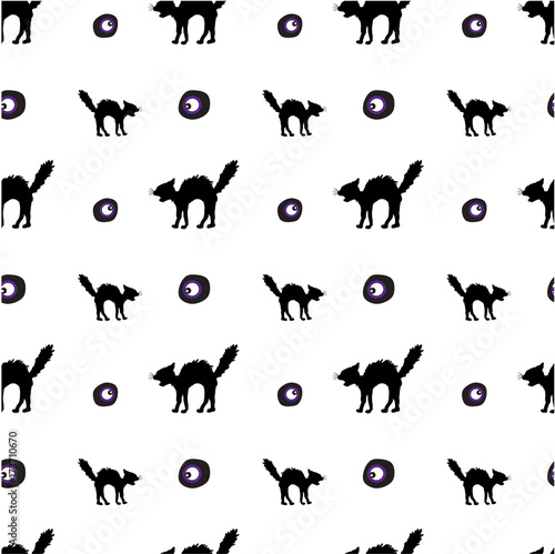 Halloween pattern background cat  eye  hand drawn scrapbook paper  gift wrap paper  for Halloween holiday vector items vector items simple style  purple  black silhouettes  isolated on white.
