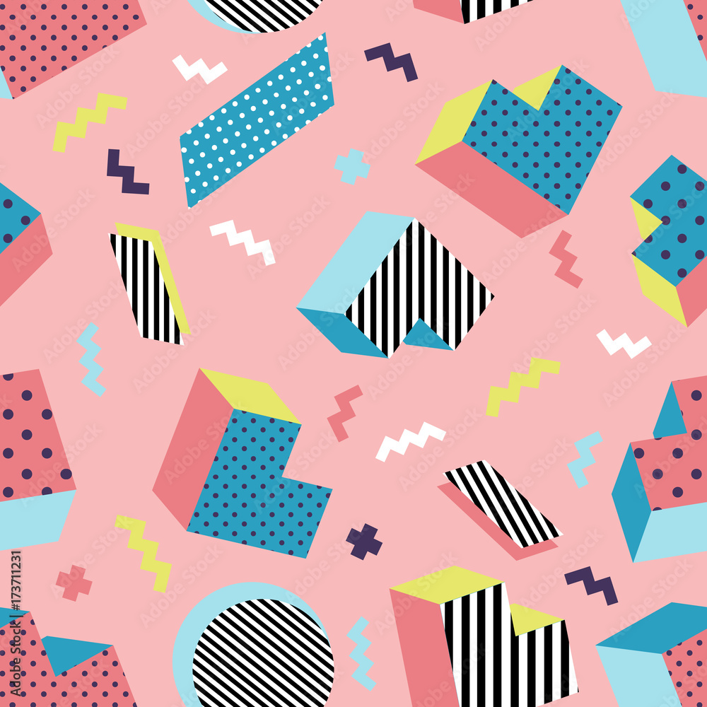 Seamless colorful old school geometric pink background pattern, memphis  design style. Vector illustration Stock Vector | Adobe Stock