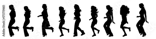 Vector silhouette of woman who run on white background.