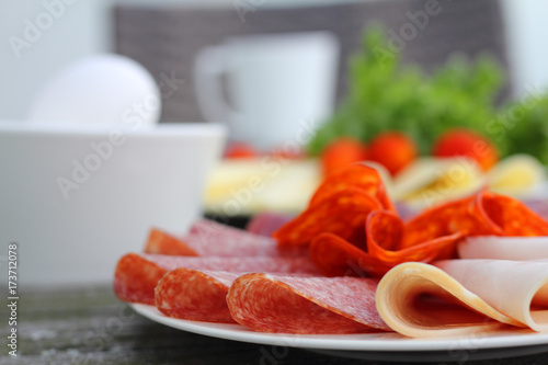 Breakfast with sandwich and coffee photo