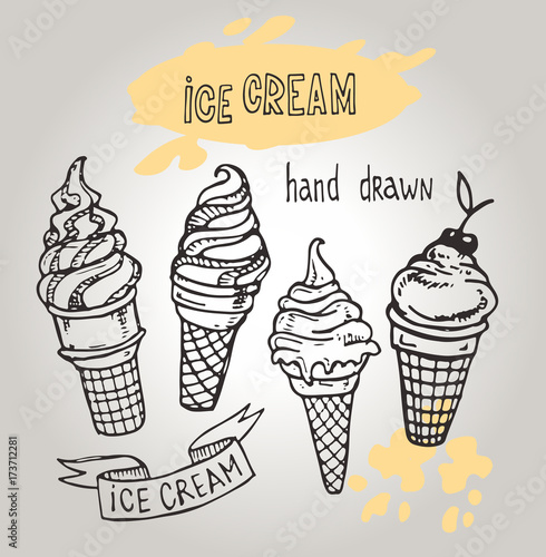 Hand drawn doodle ice cream illustration. Ice cream cone.