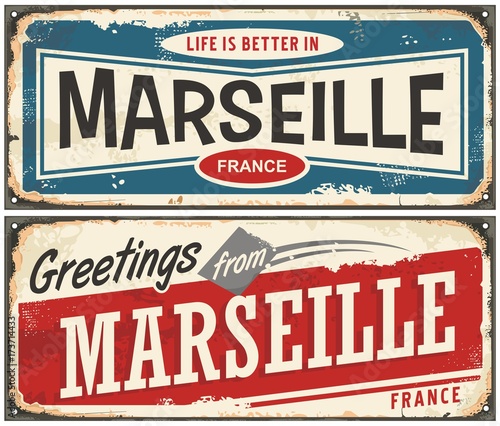 Greetings from Marseille France vintage signs set. Life is better in Marseille retro travel souvenirs. 