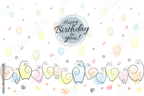 Happy birthday banner emotional cats on a festive background Drawing Vector