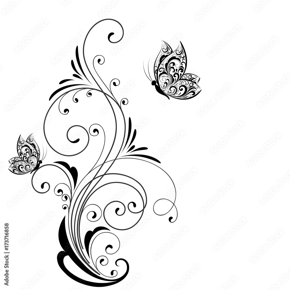 Flower abstract elements for design with butterflies. Vector illustration.