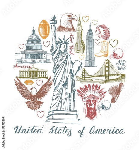 Sketches of symbols of the USA in the form of a circle