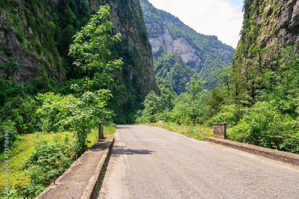 the road between the rocks, the mountain road to Ritsa lake