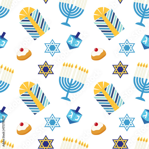 Cute festive seamless pattern Happy Hanukkah in traditional colors