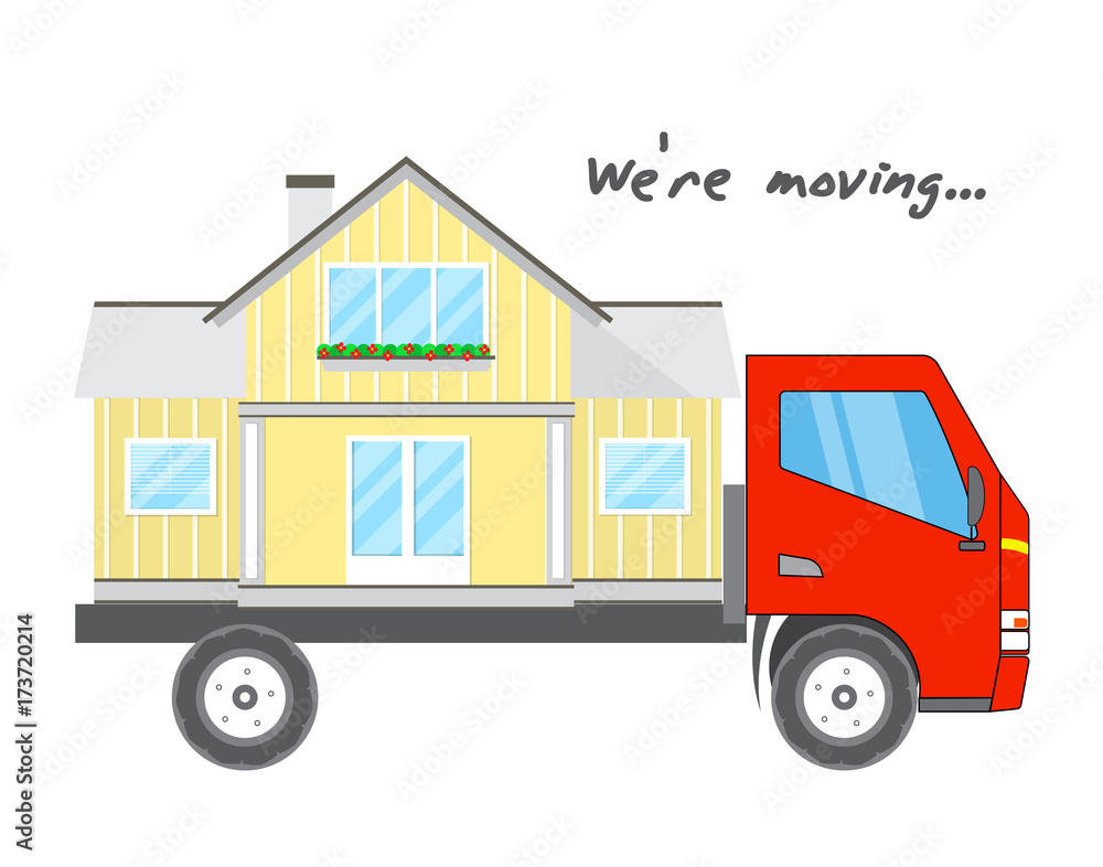 Transportation and home removal. Comfortable house on a red truck. We're moving. Stock vector. Flat design. Transportation and home removal. Comfortable house on a red truck. We're moving. Stock vector. Flat design.