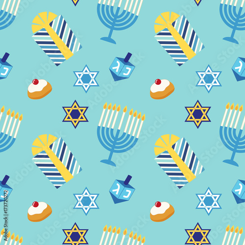 Festive seamless pattern happy Hanukkah in traditional colors