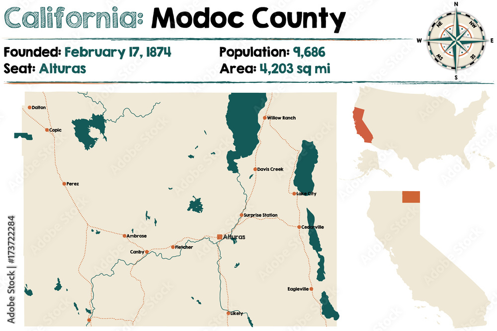 Large and detailed map of California - Modoc county.