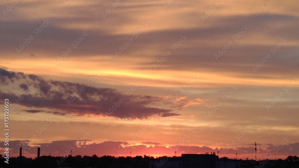 clouds, sky, dawn, sunset, blue, pink, orange, abstraction, twilight, dusk, sunrise, colorful sky, sky above the city, beauty of nature, texture, background
