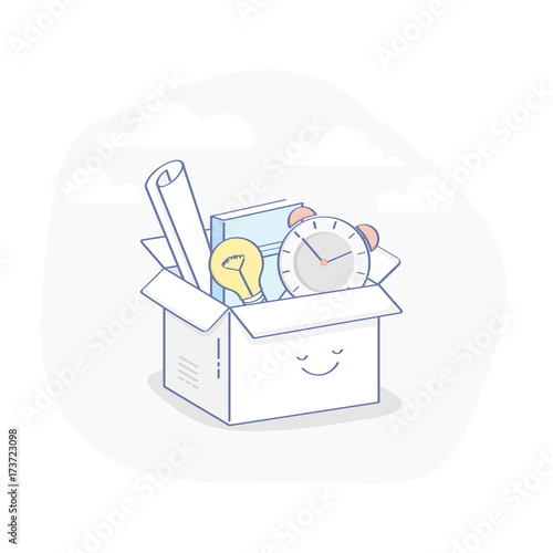 Cute cartoon box with different working Stuff - documents, plan, book, light bulb, alarm clock. Garage Sale, Dismissal, Delivery, Moving, Cleaning, Donation concept