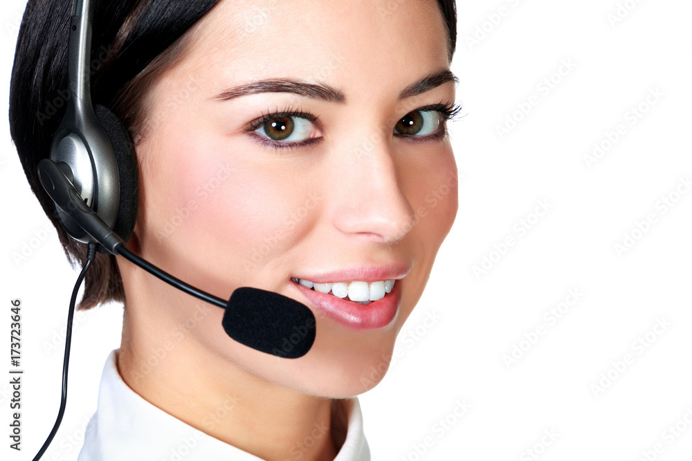 Closeup shot portrait of a smiling customer service girl isolated on white background Closeup shot portrait of a smiling customer service girl isolated on white background