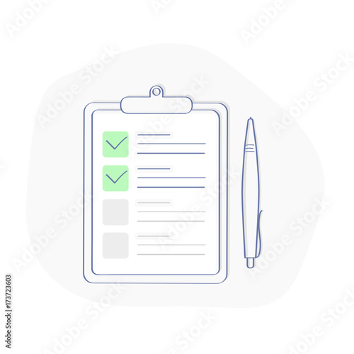 Checklist Clipboard illustration, Flat Outline Clipboard with check Marks, Tick icons. Search, Analysis, Examination, Review, Checkup or Inspection vector concept