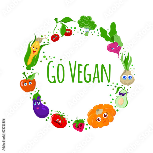 Funny cartoon fruit and vegetables vector frame, go vegan illustration