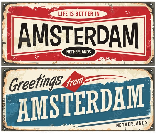 Plakat Kolekcja zabytków Amsterdam. Pozdrowienia z Amsterdamu retro szablon z pamiątkami.