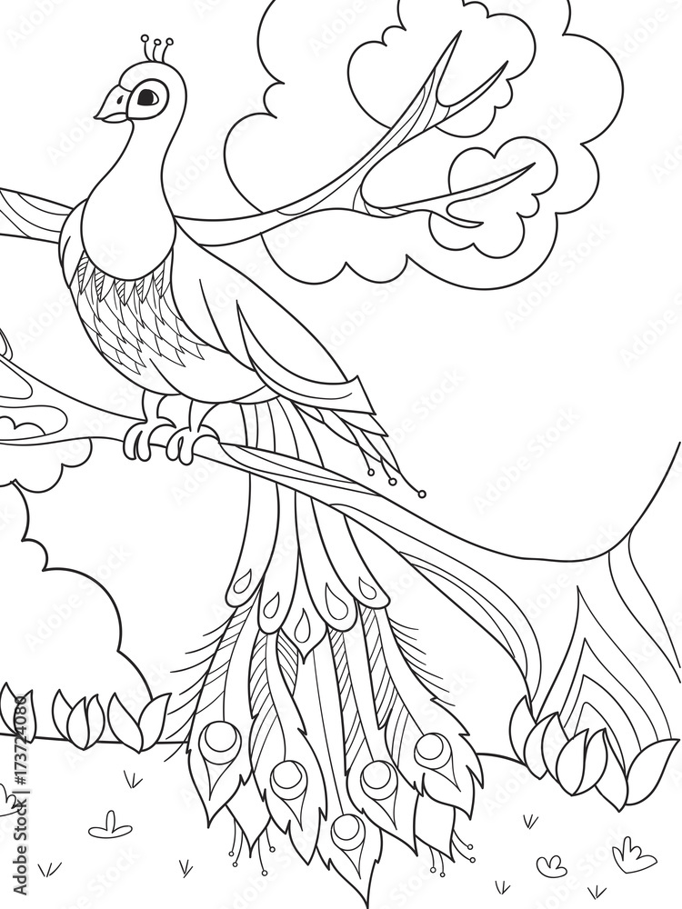 Cartoon coloring for children. A bird, a feather of a bird or a peacock on  a tree. Stock Vector | Adobe Stock