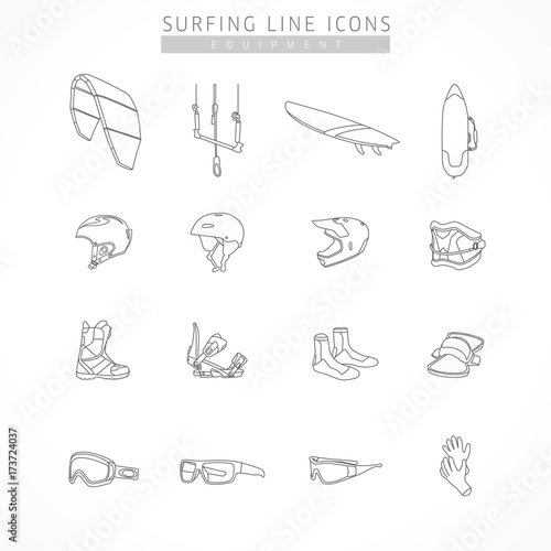 Set equipment of kite surfing sport line icons. Icons of equipment for surfing - kite, board, bag, helmet kite, snowboard, bike, bindings, shoes, trapezoid, strap, sports glasses, ski goggles, gloves