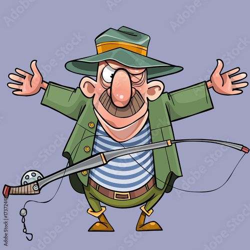 cartoon male fisherman with a fishing rod shows off a catch
