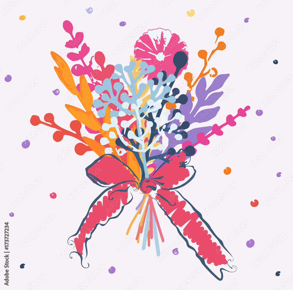 Bouquet with colorful plants, flowers, pink bow on dotted background