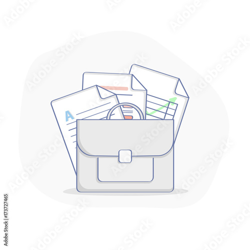 Portfolio, Briefcase, Case with Office Documents, pile of various documents sheet illustration, vector concept of office contracts, agreements, reports. Bag of businessman with docs and forms