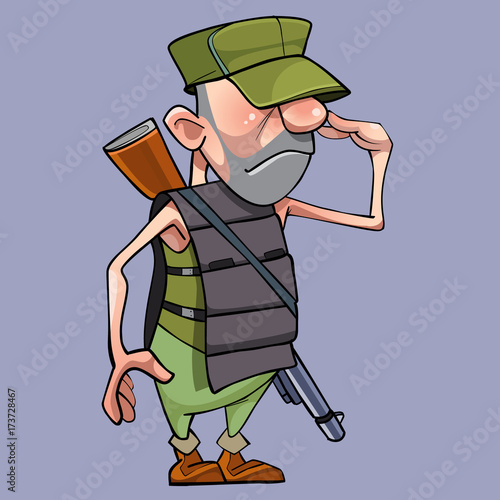 salutes cartoon male soldier in a armored vest with a gun