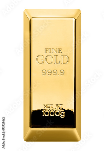 Papier peint Gold bar isolated on white background. Gold bullion top view.